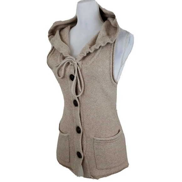 BANANA REPUBLIC ~Woman Size XS~ Beige Knit Wool Blend Button-Up Vest Hooded Top. - Picture 12 of 12